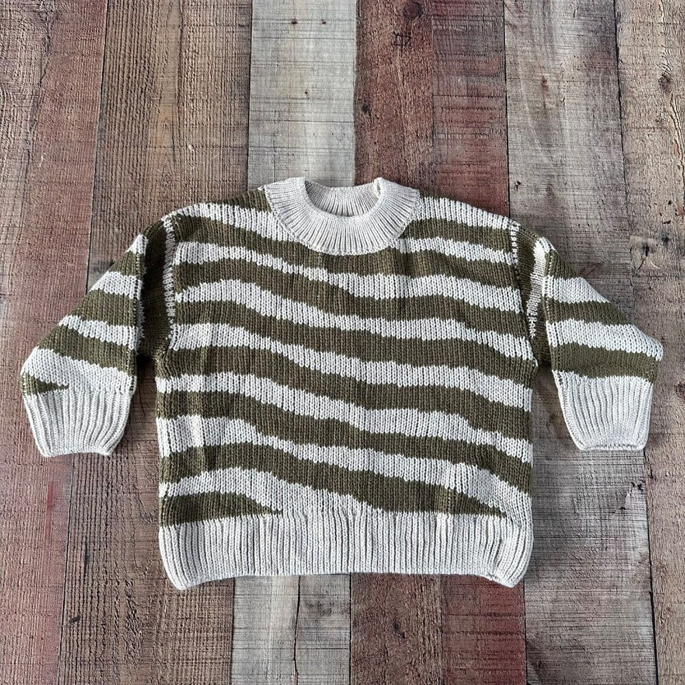 Zara Toddler Zebra Stripe Sweater 18-24M Acrylic Crewneck Beige & Olive Green